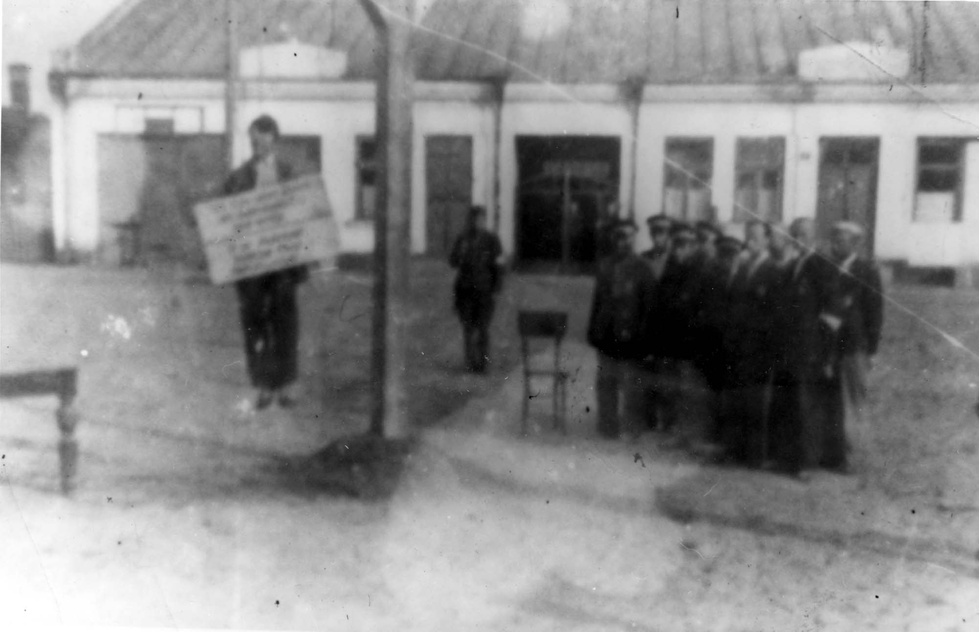 The public hanging of Yaakov Diner, who disobeyed German police orders, in the market square, before the eyes of the ghetto inmates and the Jewish order policemen.